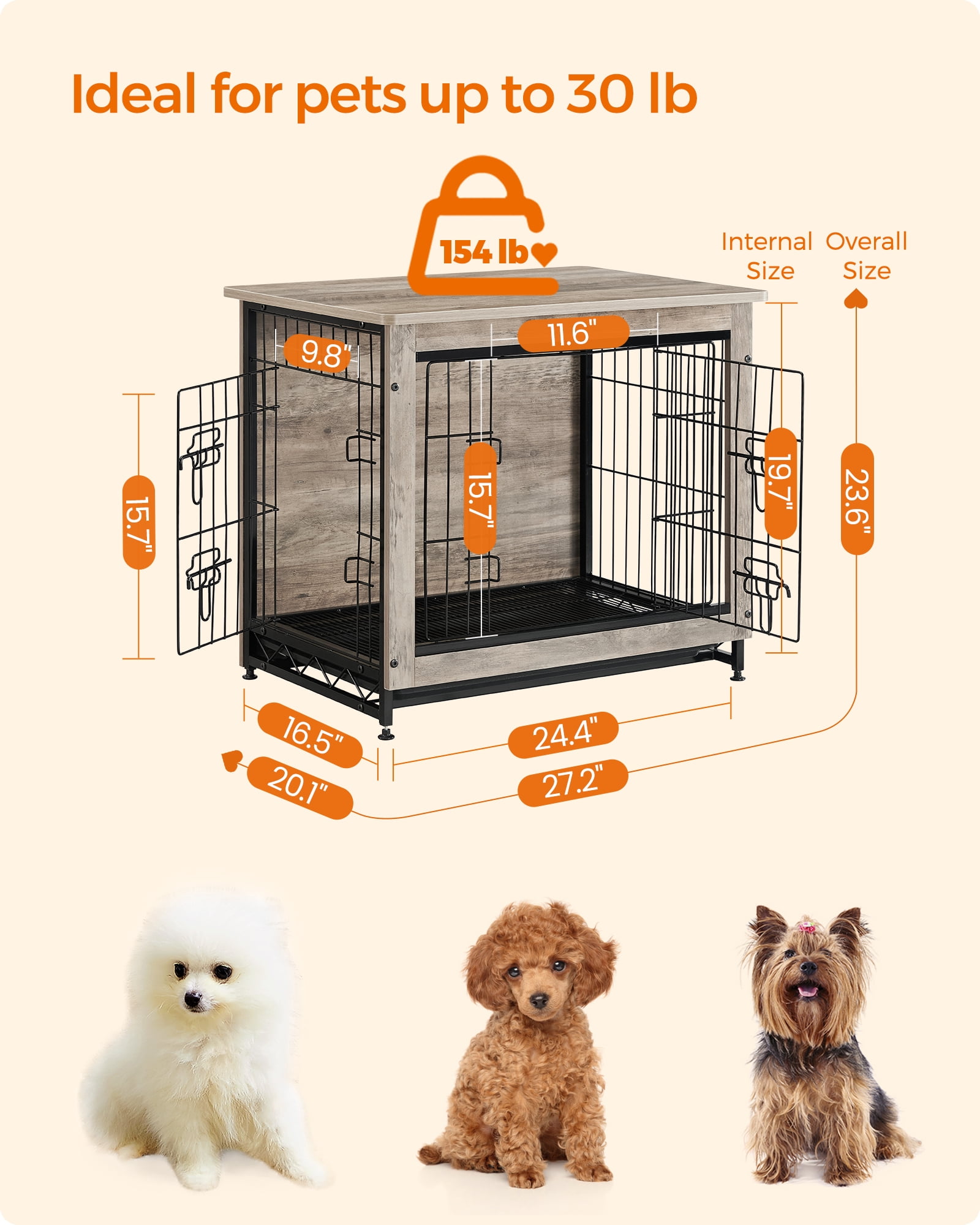 Wooden Dog Crate Furniture,Double-Doors Kennel for Dogs Indoor up to 30 lb, Removable Tray, End Table Dog Crate for Decoration 27.2"L x 20.1"W x 23.6"H, Greige