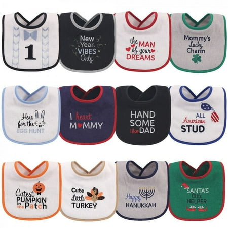 UPC: 0660168567069 | Hudson Baby Infant Boy Cotton Terry Drooler Bibs with Fiber Filling 12pk Holiday Boy Bow Tie One Size