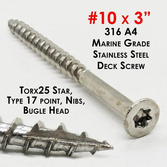 (250) #10 x 3" Marine Grade 316 Stainless Steel Deck Screws Torx STAR Drive