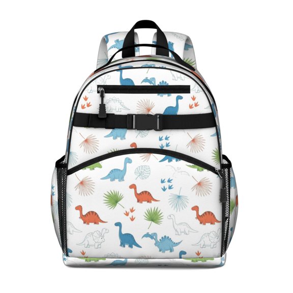 White Cartoon Dinosaurs Leaves Footprints Cute School Backpack Bag for School with Padded Back and Adjustable Shoulder Straps 15.25"x11.5"x5.25"
