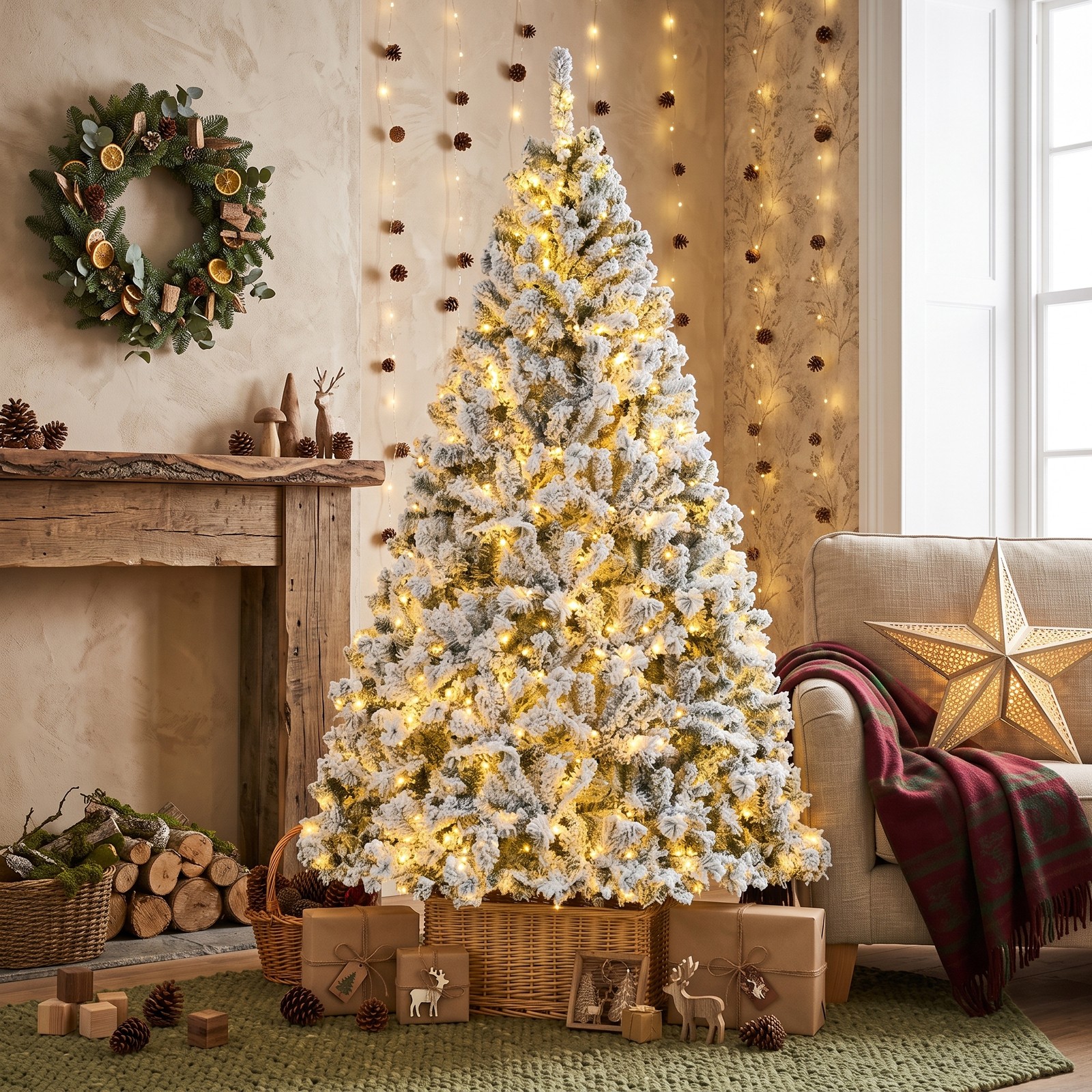 RUIE 7 FT Artificial Christmas Tree with 450 Warm White LED Lights, 3-Minute Quick Shape PVC Flocked Xmas Tree with Metal Stand for Holiday Home Office, Green & White