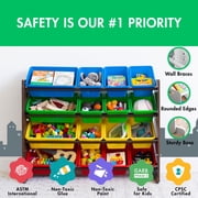 Humble Crew Storage Organizer with 16 Plastic Bins for Kids & Toddlers, Dark Wood/Primary