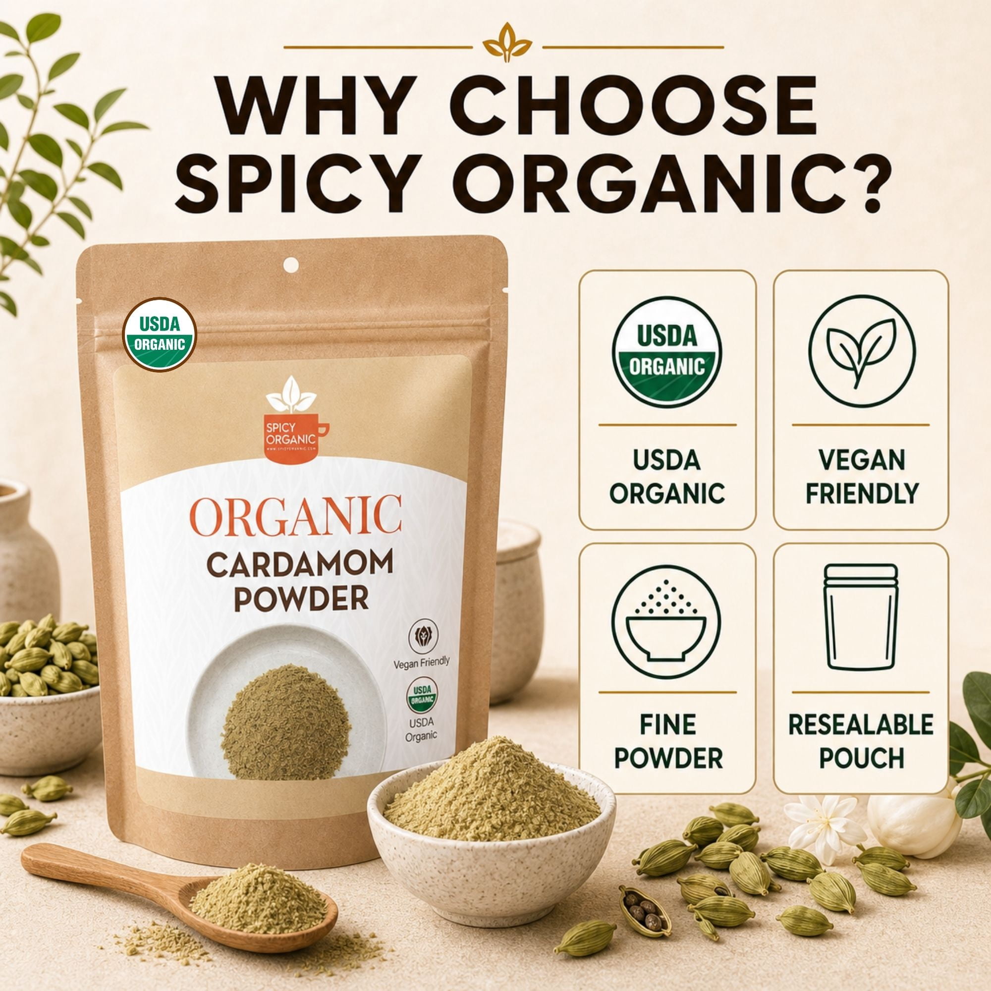 Spicy Organic, Ground Cardamom, 4 oz, USDA Organic, Gluten-Free