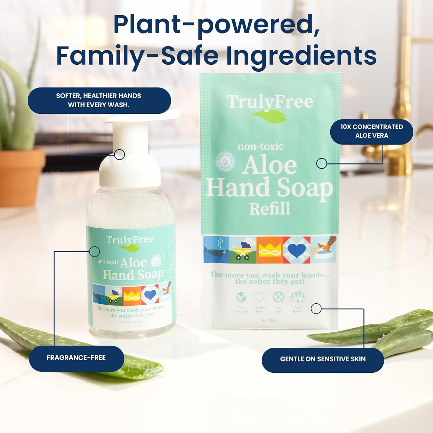 Truly Free Foaming Hand Soap with Aloe Vera, Unscented, 1 Bottle with  Foaming Dispenser Pump + 2 Refills