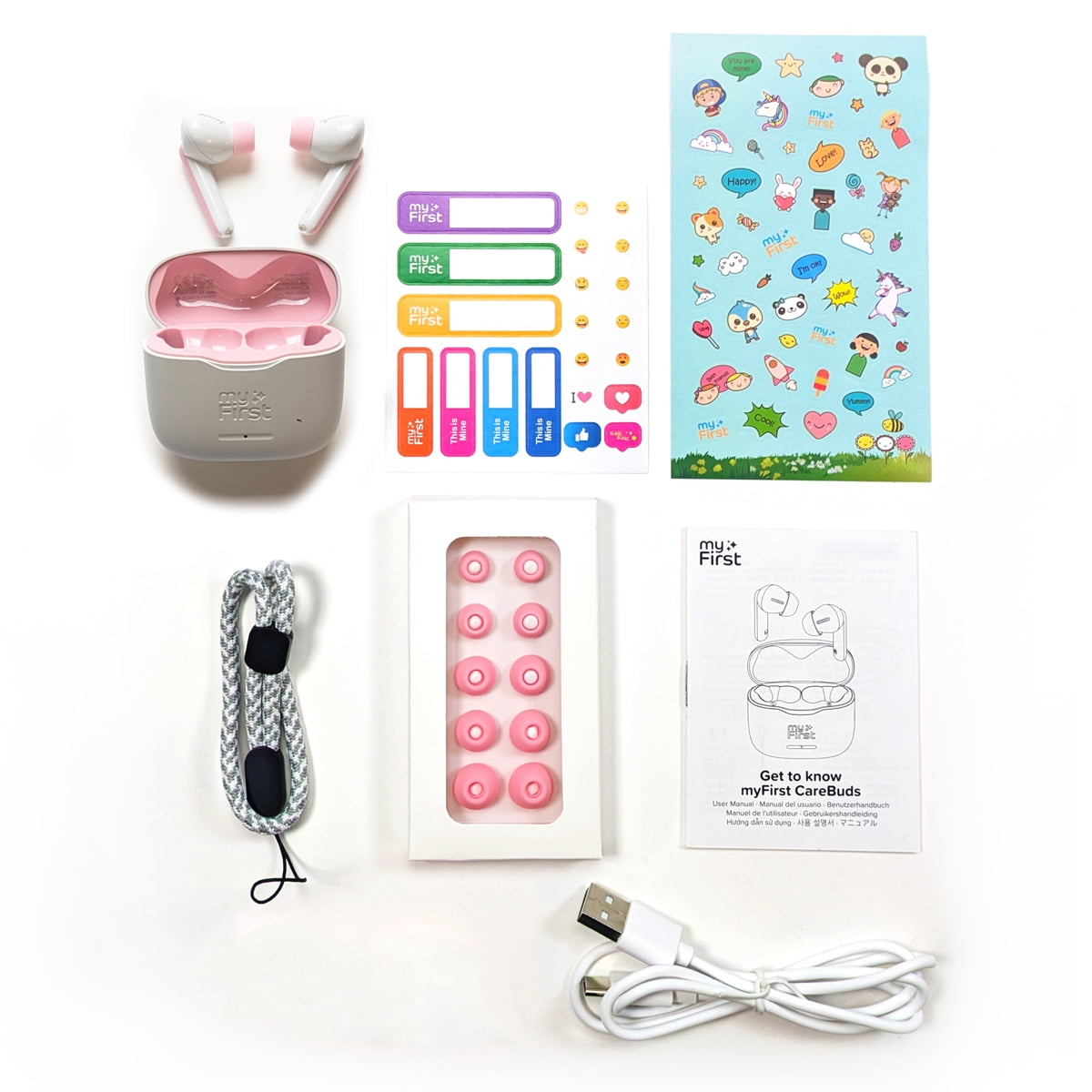 myFirst CareBuds (White) Kids Wireless Earbuds, 85dB Volume Limit, Built-in Mic, 6 Ear Tips, Anti-Loss Strap, Bluetooth 5.3, Gift for Kids 4-15