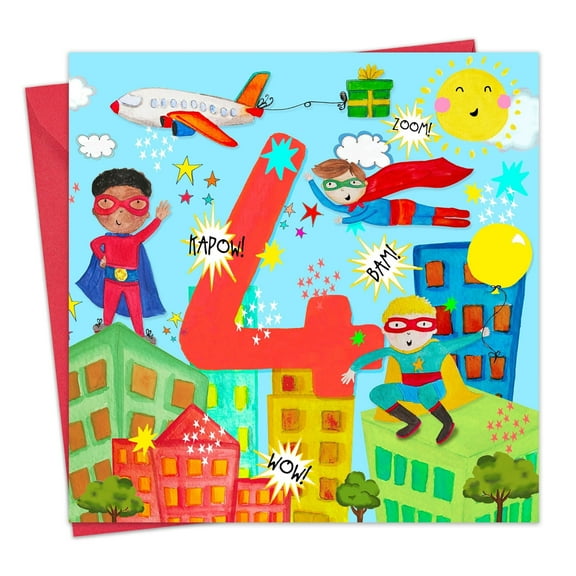 Twizler 4th Birthday Card for Boys - Superhero - Age 4 Year Old Childrens Happy Birthday Card for Kids