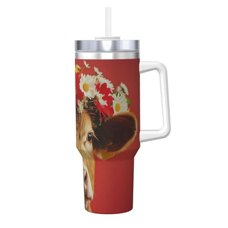 

Salouo White And Red Daisy Cow for 40oz Water Bottle with Handle & Flip Straw - Stainless Steel Vacuum Insulated Tumbler-Reusable Travel Coffee Mug- Gifts for Women & Men