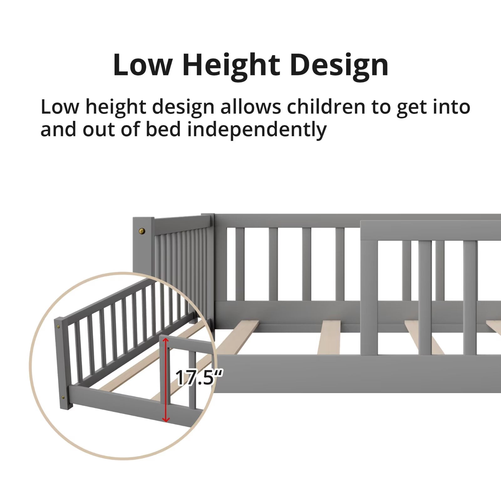 Full Floor Bed for Kids Toddlers, Multifunctional Montessori Bed Frame with Safety Guardrails and Wood Slats, Without Door, Easy Assemble, Grey