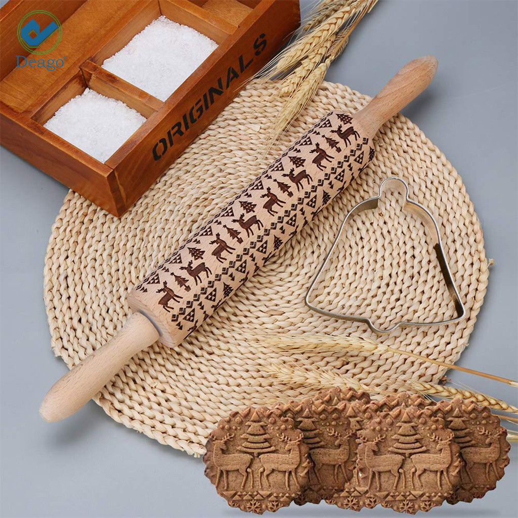 Deago 17" 3D Christmas Wooden Rolling Pin Embossing Roller Pins with Christmas Pattern for Cookies Cake Baking Kitchen Tool - image 3 of 8