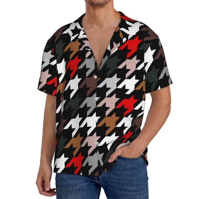 Balery Houndstooth Green Red Camisa Casual de Manga Corta con Botones para Hombre, Texturizada, Estilo Cubano, para Playa, Verano-4X-Large