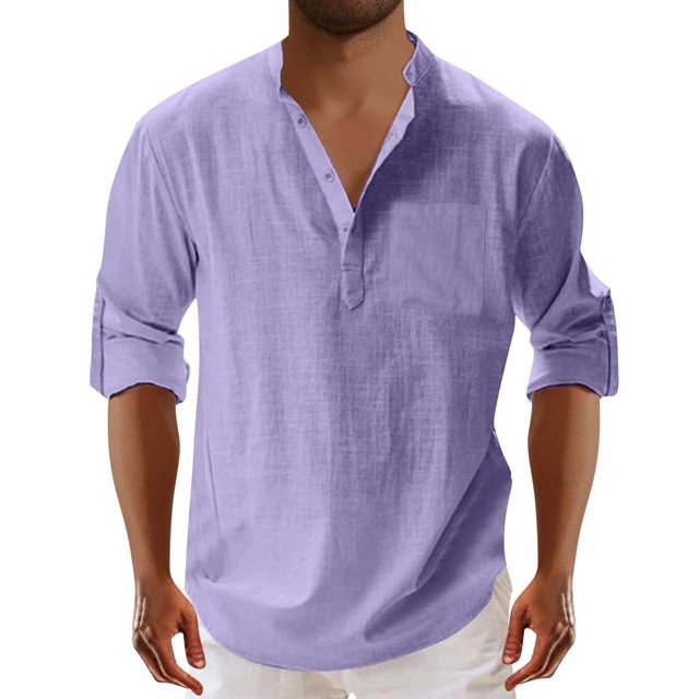 Blusa y camisa de manga larga con cuello alto para hombre, moda masculina, color liso, cuello vuelto, medio cárdigan, camisa informal con botones, blusa de algodón y poliéster para hombre