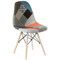 Mid-Century Modern Upholstered Plastic Multicolor Fabric Patchwork DSW Shell Dining Chair with Wooden Dowel Eiffel Legs