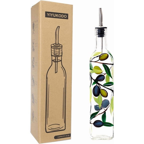 17oz Hand Painted Glass Olive Oil Bottle Dispenser- 500ml Green Oil & Vinegar Cruet with Pourers - Olive Oil Carafe Decanter for Kitchen (olive)