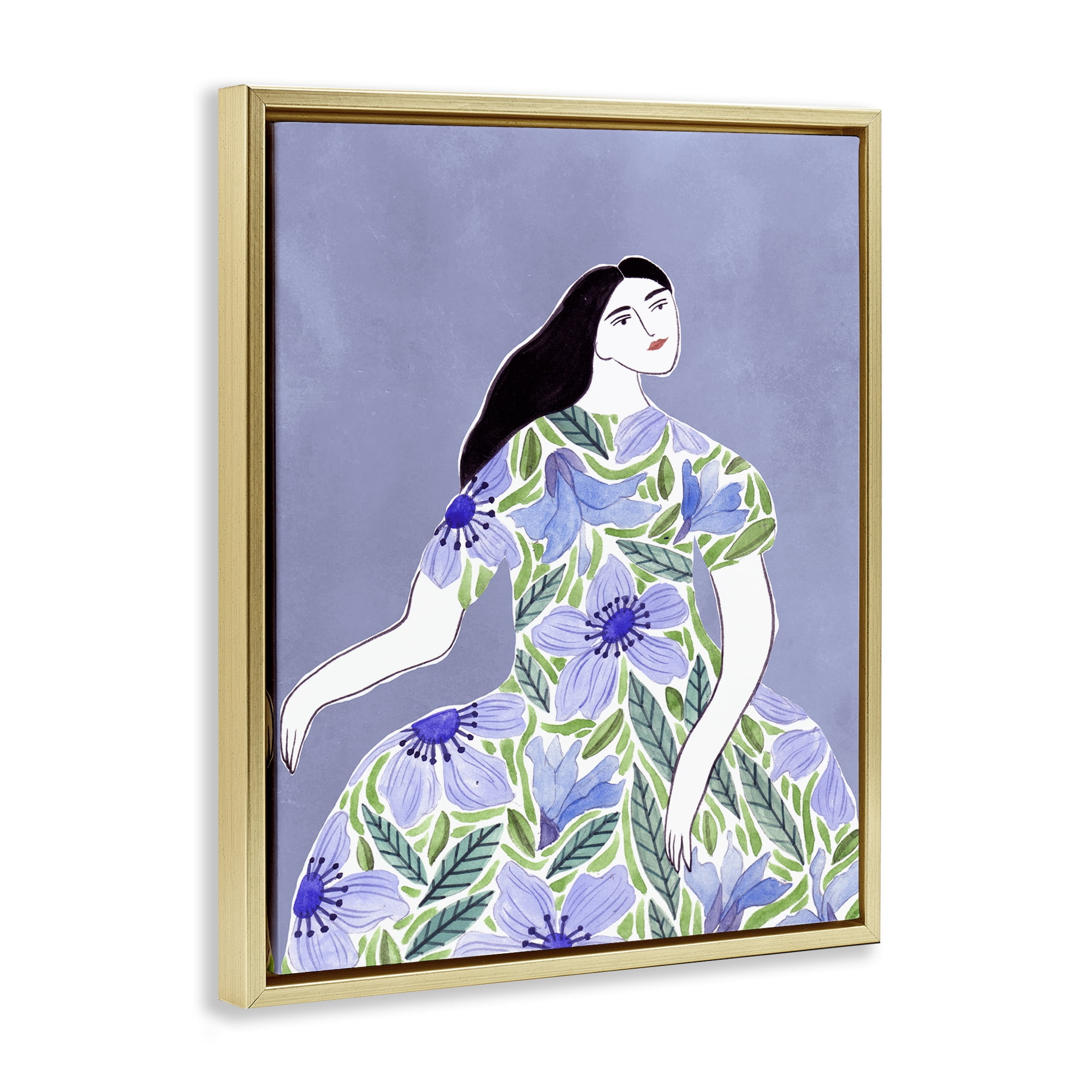 Stupell Industries Woman in Blue Floral Gown People Painting Gold Floater Framed Canvas Art Print Wall Art, 25 x 31