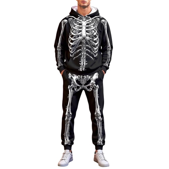 CONFREE Halloween Mens Tracksuit 2 Peice Lined Sweat Suit for Men Hallowmas Skeleton Graphic Hoodies Joggers Outfits Cozy Fall Winter Sweatsuits Set
