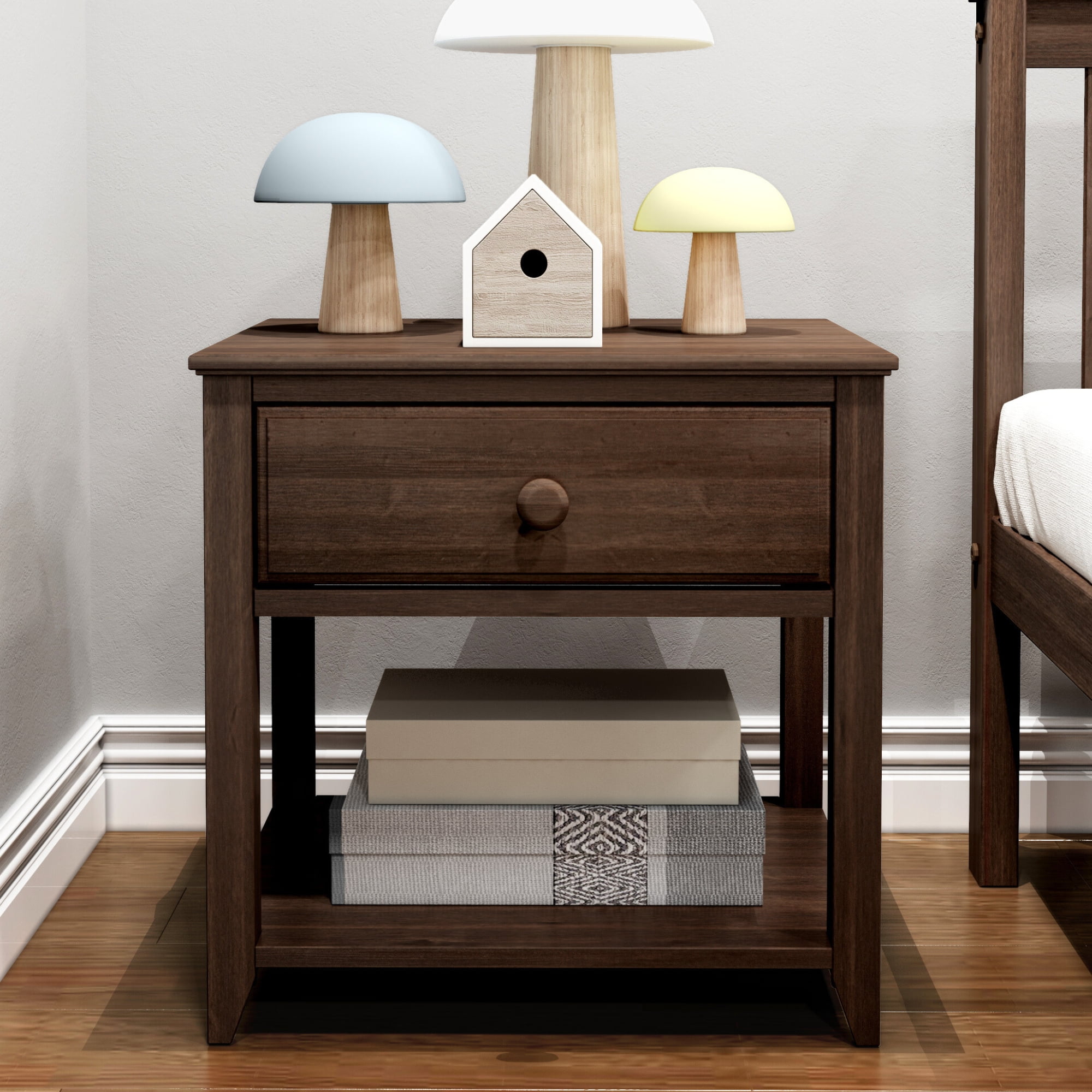 Max & Lily Nightstand with Storage Drawer, Small Solid Wood Bedside, Side Tables for Bedroom