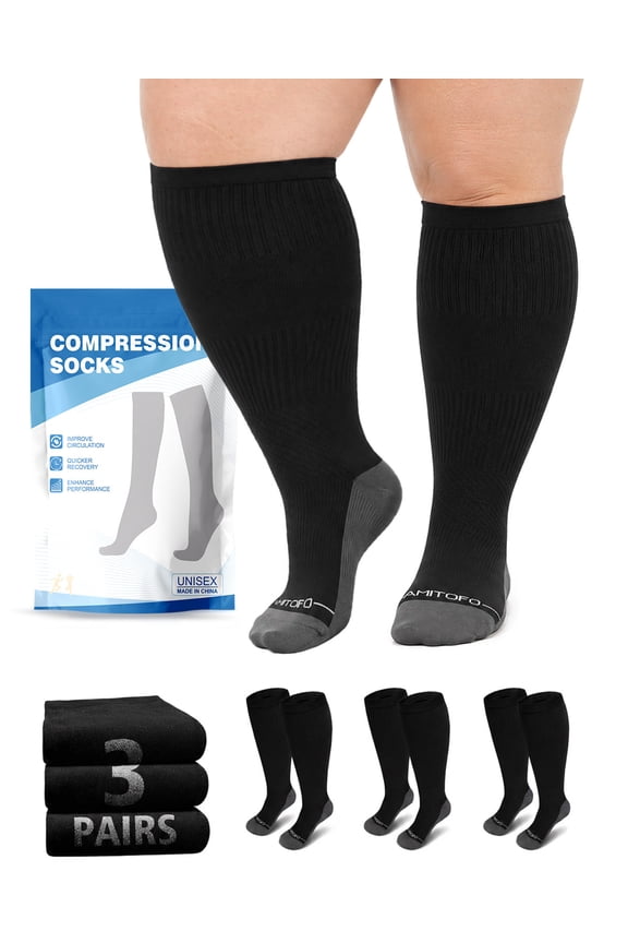 Plus Size Compression Socks, PUTUO Wide Calf Compression Socks 20-30 mmHg for Men Women - Knee High Sports & Health Socks for Varicose Veins Swelling and Circulation, 3 Pack, Black