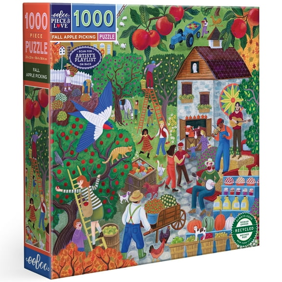 eeBoo Piece & Love: Fall Apple Picking - 1000 Piece Puzzle - 23" Square Adult Jigsaw, Cynthia Cliff's Autumn Harvest Scene, Eco-Friendly, Image Insert