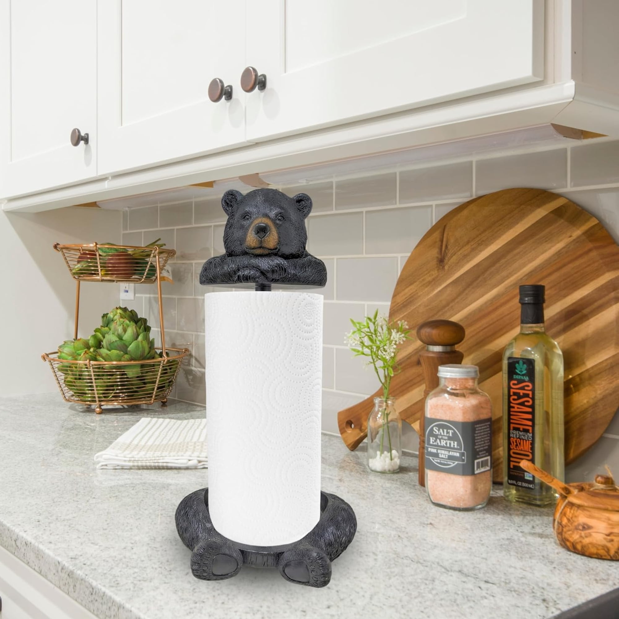 Rustic Bear Paper Towel Holder - Charming Woodland Decor for Cabin & Lodge Kitchens - Durable Resin and Metal Build, Quick Assembly, Ideal Wildlife-Themed Gift for Nature Lovers