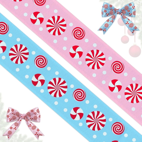Hsomely 2 Rolls 20 Yards 4/5" Christmas Ribbons, Blue Pink Grosgrain Red White Xmas Candy Ribbons for Winter New Year Party Craft Decor