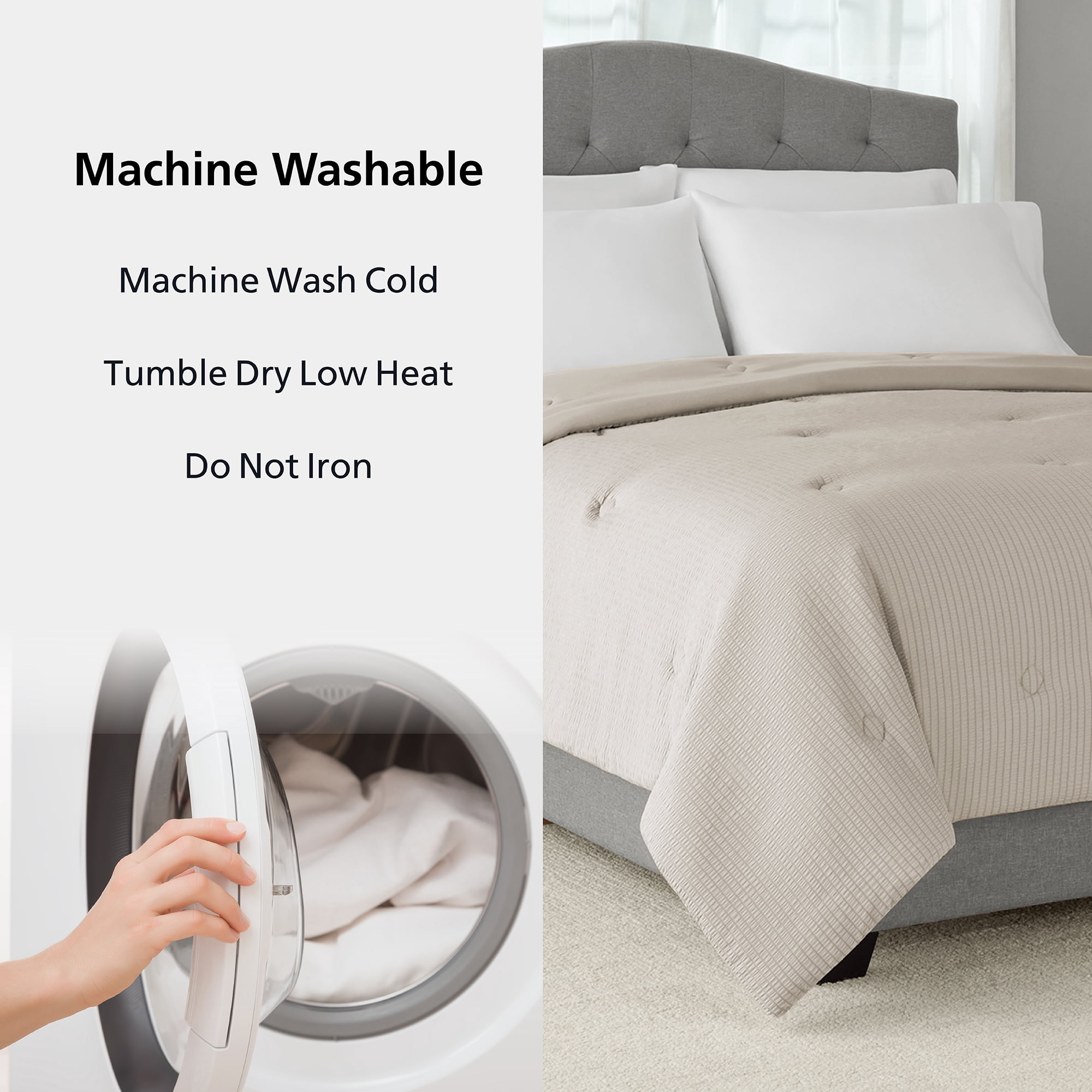 Mainstays King Comforter, Reversible Down Alternative, All-Season, Beige Seersucker