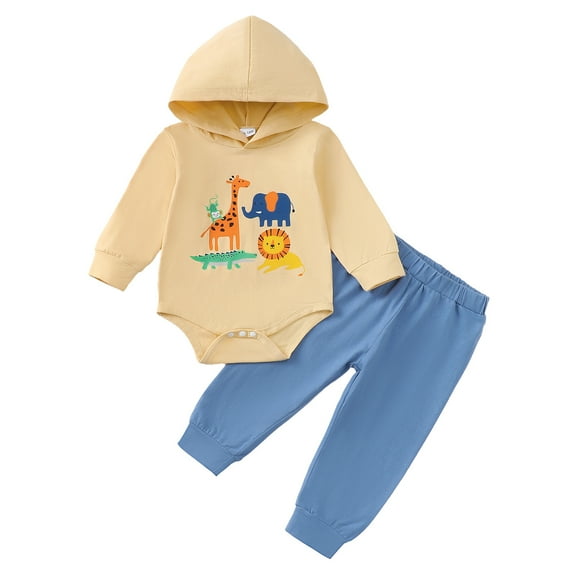 3 Months Baby Boys Clothes 6 Months Boys Pant Set Infant Boys Long Sleeve Animals Print Hooded Top Pants 2PCS Set Yellow