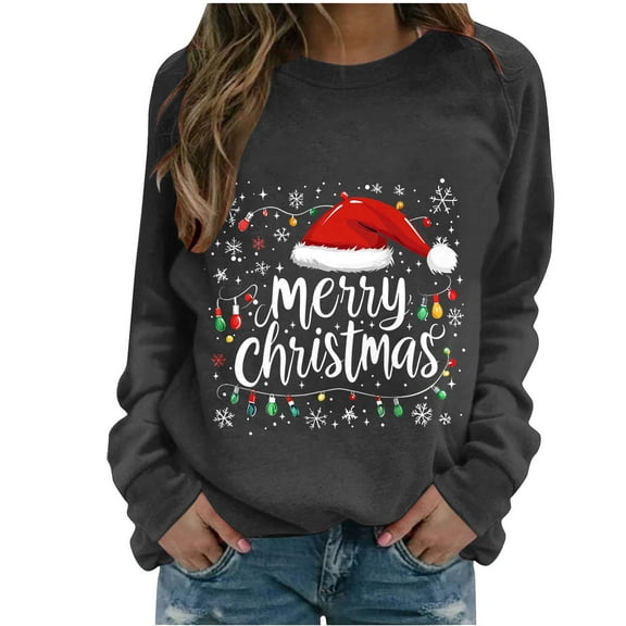 Christmas Sweatshirts for Women Casual Holiday Long Sleeve Shirts Fashion Xmas Letter Printed Blouses Womens Comfortable Crewneck Sweaters Pullover Tops