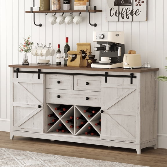 Lifewit Farmhouse Sideboard with Sliding Bar Door and 2 Power Outlets/2 USB Ports, Buffet Cabinet, Wine Racks, 3 Extra Drawers and 2 Storage Cabinets with Adjustable Shelf for Dining, Rustic White