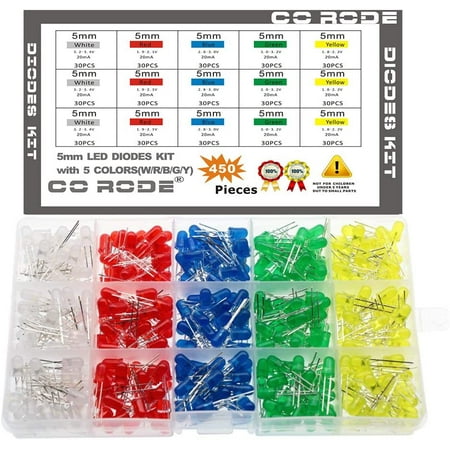 

CO-RODE 450pcs 5mm LED Light Emitting Diodes Led Lamp Assorted Kit (White Blue Red Yellow Green)