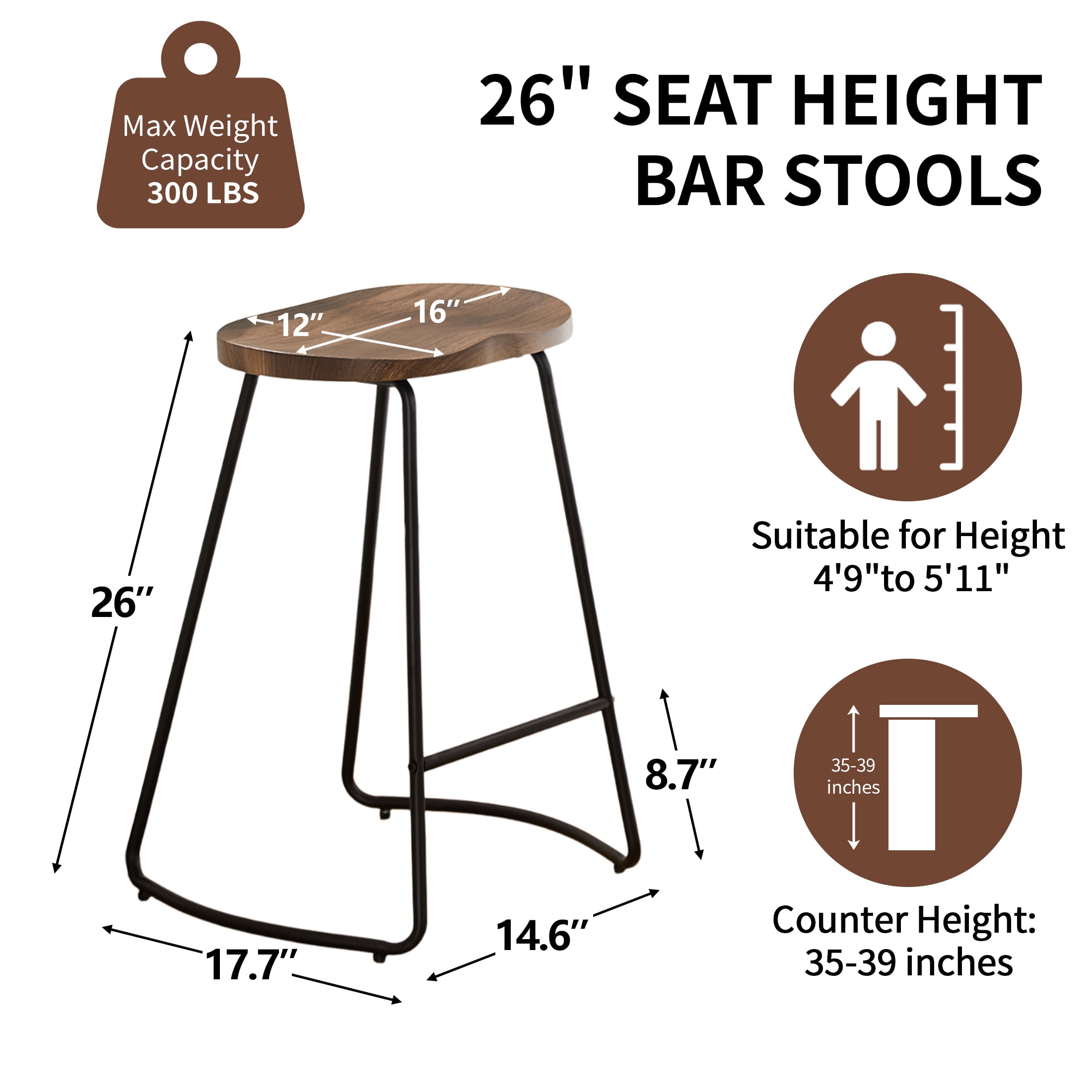 FIRAVOE Counter Height Bar Stools (Saddle Seat Backless) Barstools Set of 2, 26" Rustic Wooden Counter Stools Kitchen Stools
