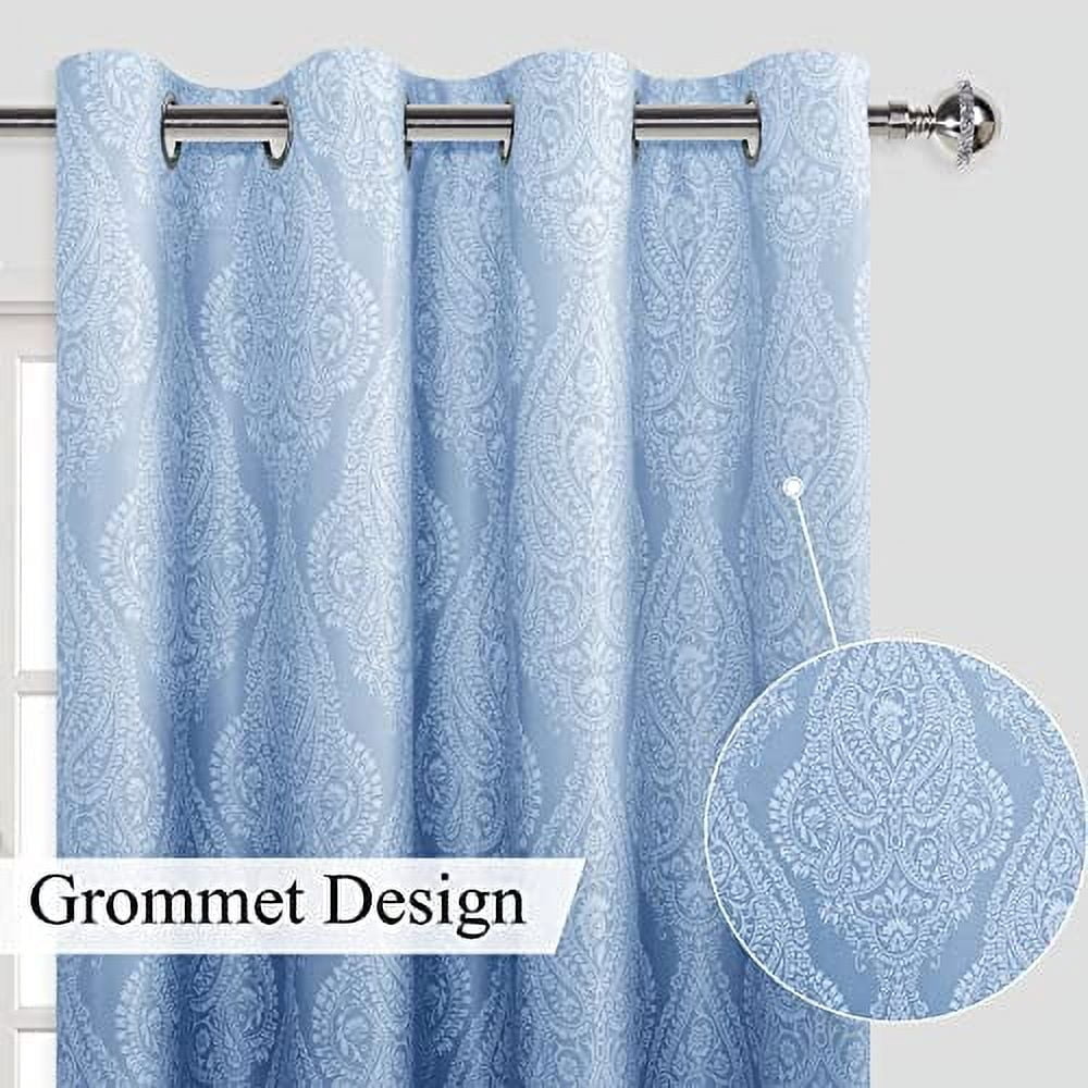 DWCN Ombre Blackout Curtains–Damask Patterned Thermal Insulated Noise Reducing Grommet Curtains for Bedroom Living Room, 55 x 69 Inches, Set of 2 Panels with Tiebacks, Navy Blue