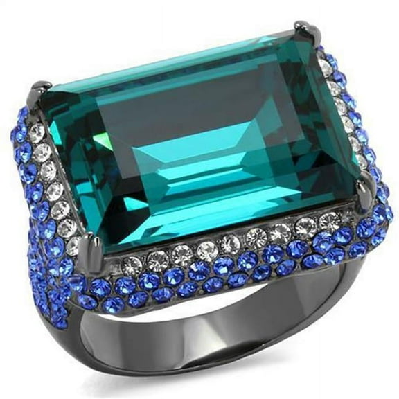 Alamode TK2811-6 Women IP Light Black Stainless Steel Ring with Top Grade Crystal in Blue Zircon - Size 6