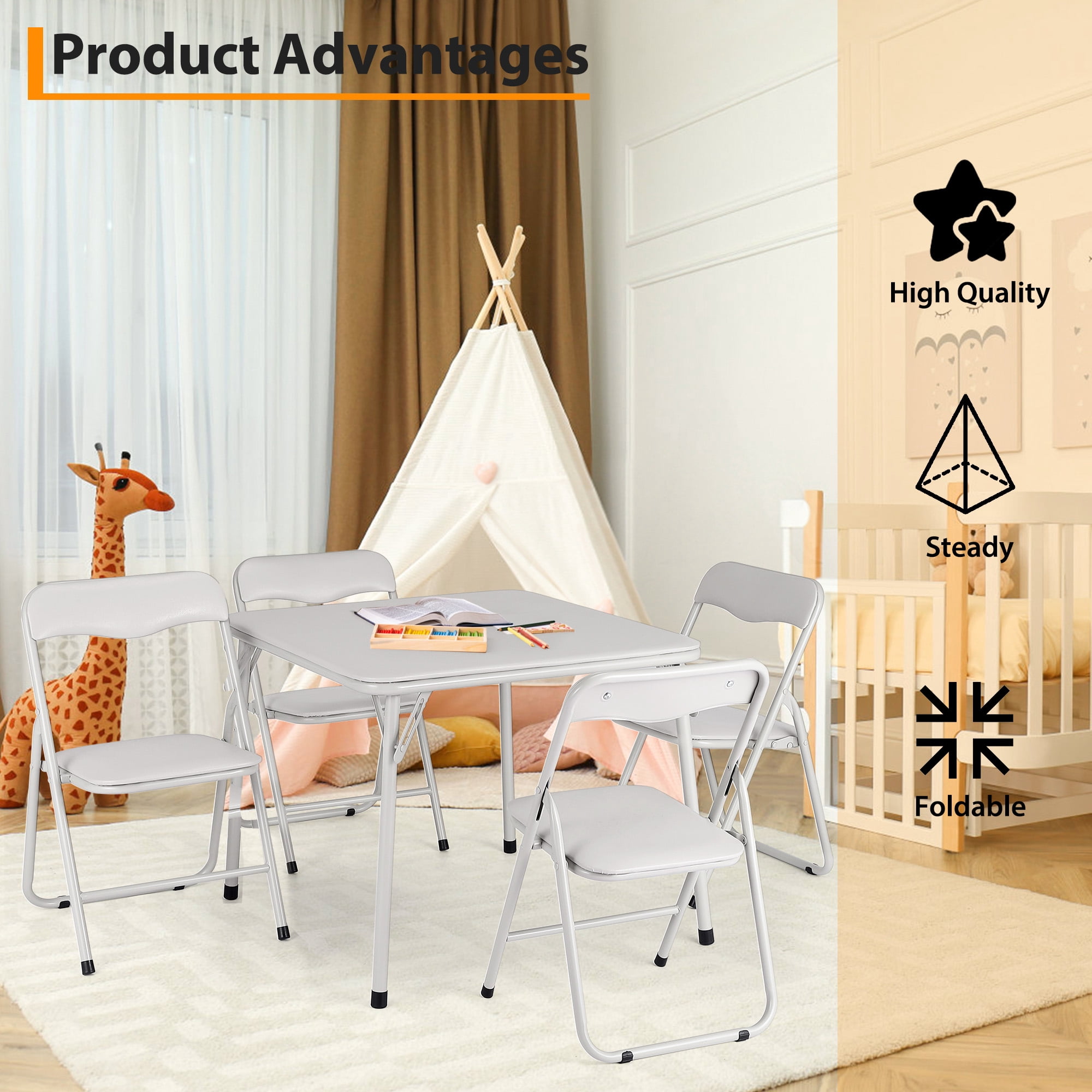 Black 5-Piece Kids Folding Table and Chair Set - Upholstered Metal Frame Activity Table Set for Eating, Reading & Playing