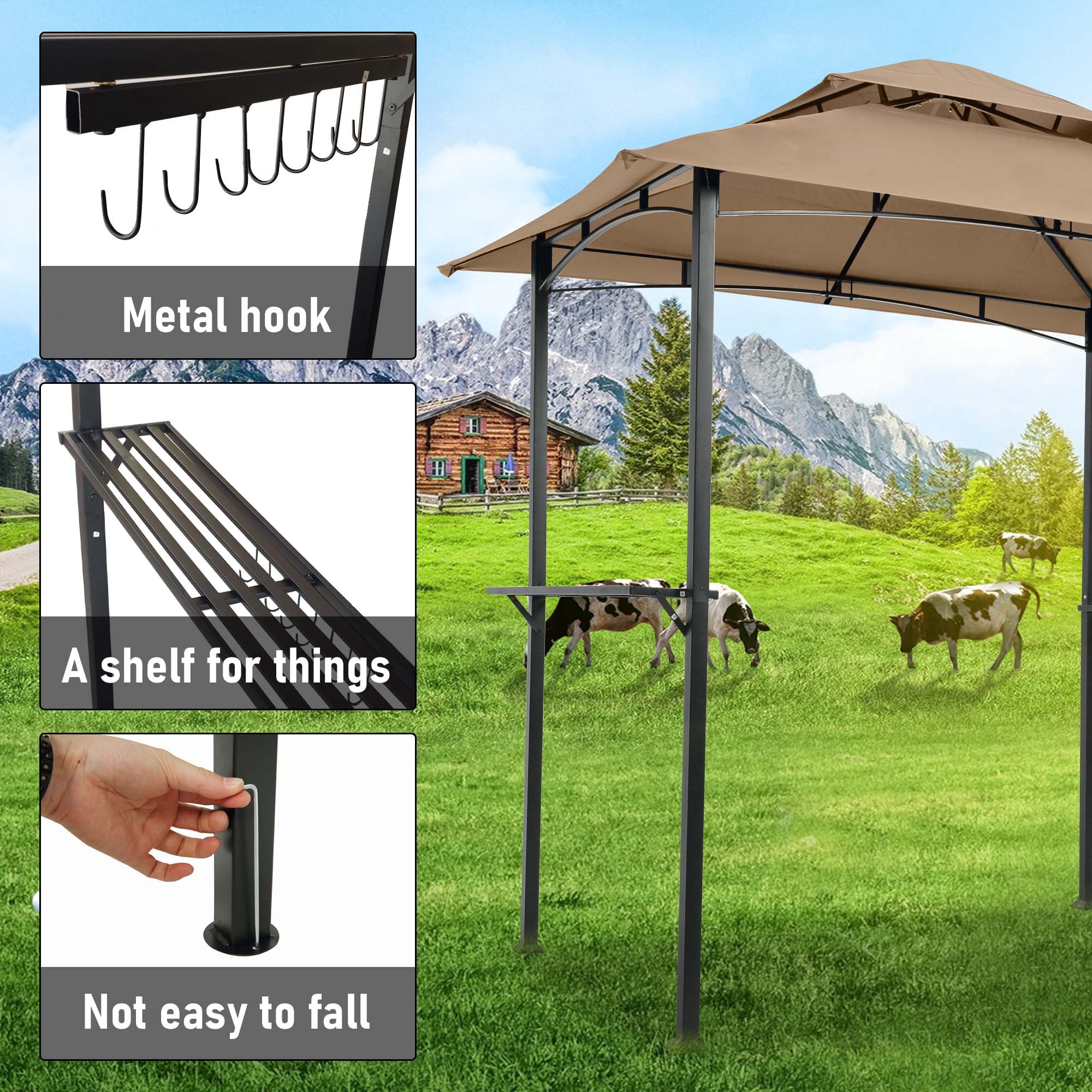 Aukfa 8'x 5' Outdoor Modern Steel Grill Gazebo with Hook and Bar Counters, Khaki