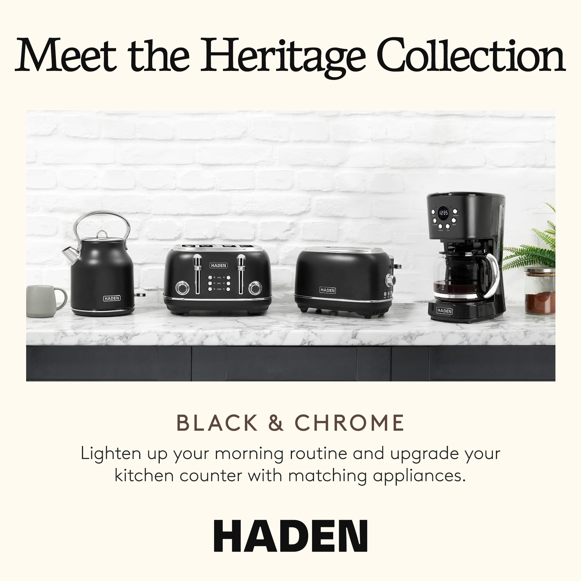 Haden Coffee Maker & Heritage 2 Slice Wide Toaster, Black & Chrome