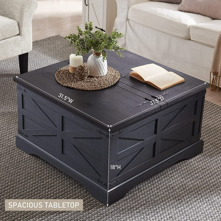 T4TREAM Farmhouse Square Wood Center Coffee Table with Lift Top and Storage for Living Room Black