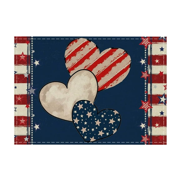 3 Pcs Napperons de la Fête de l'Indépendance, Kadlawus Napperons de Table de la Fête de l'Indépendance, Tapis Décoratifs Patriotiques en Lin Imprimé Étoiles Cœurs Rayures pour Table à Manger, Comptoir de Cuisine, Déco de Fête