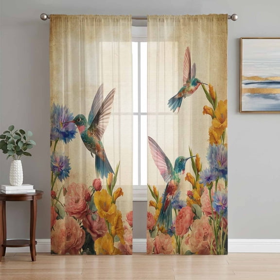 Vintage Hummingbirds Sheer Curtains 72 Inch Length 2 Panels Set Window Treatments, Spring Farmhouse Country Flowers Rod Pocket Semi Curtains for Living Room/Bedroom/Kitchen Décor, 104"W x 72"L