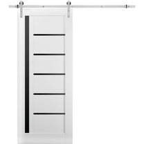 Sturdy Barn Door | Quadro 4588 White Silk with Black Glass | 6.6FT Rail Hangers Heavy Hardware Set | Solid Panel Interior Doors-36" x 96"-Black Glass-Silver Rail