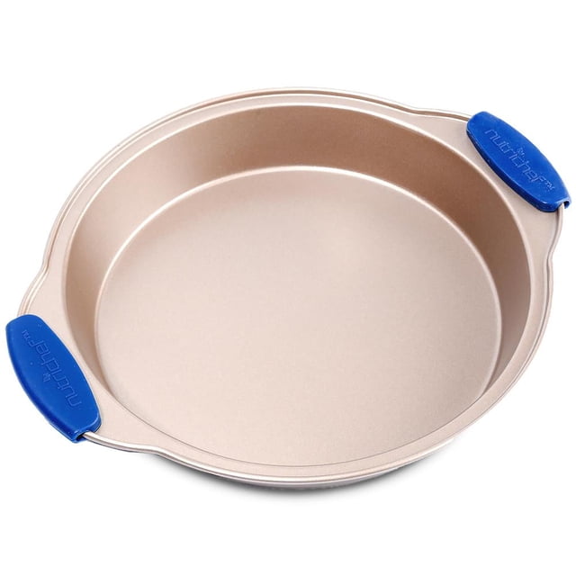 Sartén redonda antiadherente NutriChef de 11 pulgadas, de lujo, de acero al carbono y cobre con asas de silicona azul (dorada)