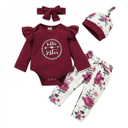 

Promotion Clearance 4PCS Infant Toddler Baby Girl Clothes Ruffle Romper Bodysuit Floral Halen Pants Headband and Hat Outfits