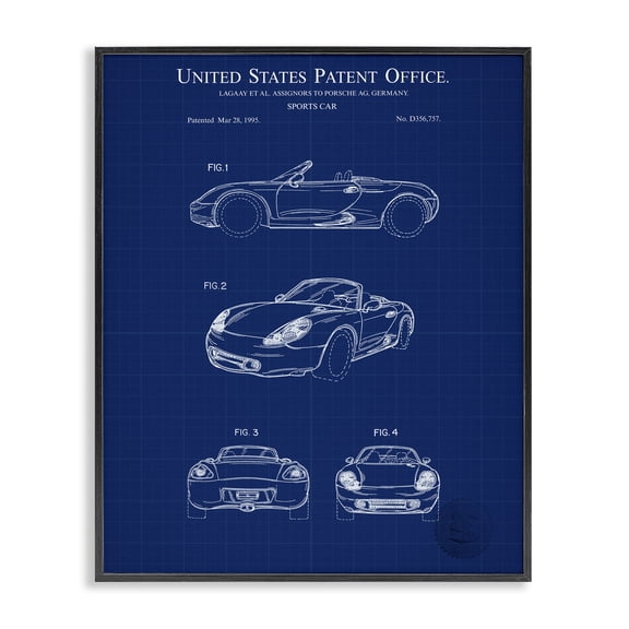 Stupell Industries Industrial Sports Car Blueprint Black Framed Giclee Art, 11 x 14, by Karl Hronek