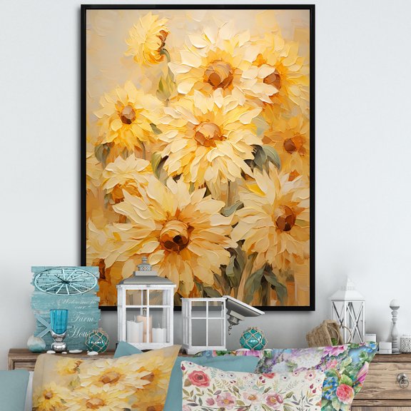 Designart "Beige Sunflower Bloom Minimalism II" Sunflowers Floater Framed Wall Decor
