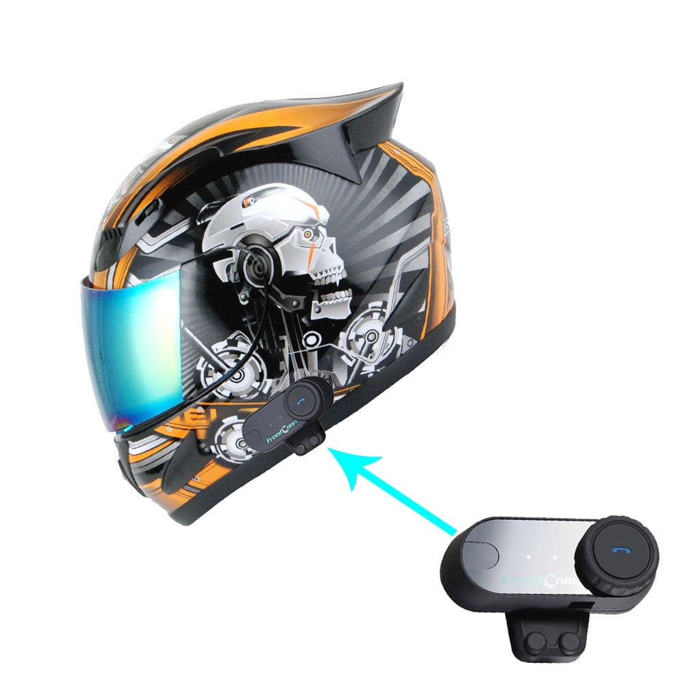 1Storm Motorcycle Bike Full Face Helmet Mechanic HJDJ11 + Motorcycle Bluetooth Headset: Skull Orange