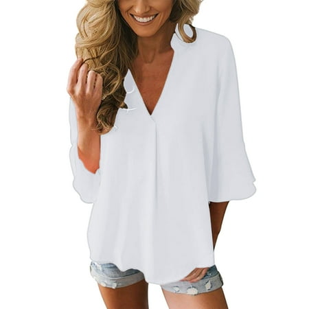 

HSMQHJWE Dress Shirts Women Womens Long Sleeved Tee Shirt Casual Shirt For Womens Loose Solid V Neck Peplum Sleeve Medium Long Sleeve Chiffon Blouse Tops Christmas Scrub Too