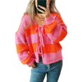 thumbnail image 2 of Chaqueta de Punto Holgada Informal con Cuello en V y Larga para Mujer, Cárdigan de Punto con Cordones y Rayas en Contraste. Naranja XL, 2 of 9