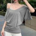 thumbnail image 2 of MIXUE Boho Tops For Women Summer Solid Color Off Shoulder V Neck Batwing Sleeve Casual Pullover Shirts For Women T-shirts Streetwear,Gray,L, 2 of 6