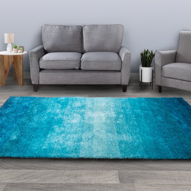 Shag Area Rug 5x7 Plush Ombre Throw Carpet Blended Turquoise Colors