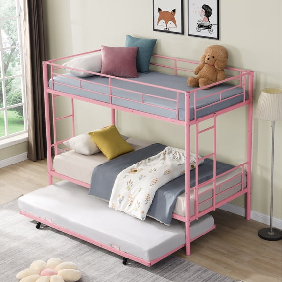 Metal Bunk Bed With Trundle Pink
