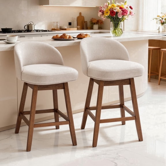 HomeMiYN Modern Swivel Counter Stool with Square Base Light Grey Faux Linen Upholstered Barstool Set of 2 with Solid Wood Legs